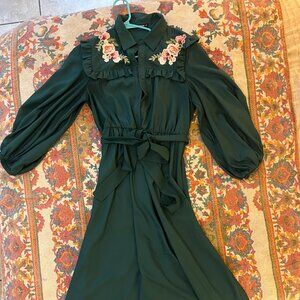 Emerald Green Western Dress, Button Down, Long Sleeve with Belt | Size L